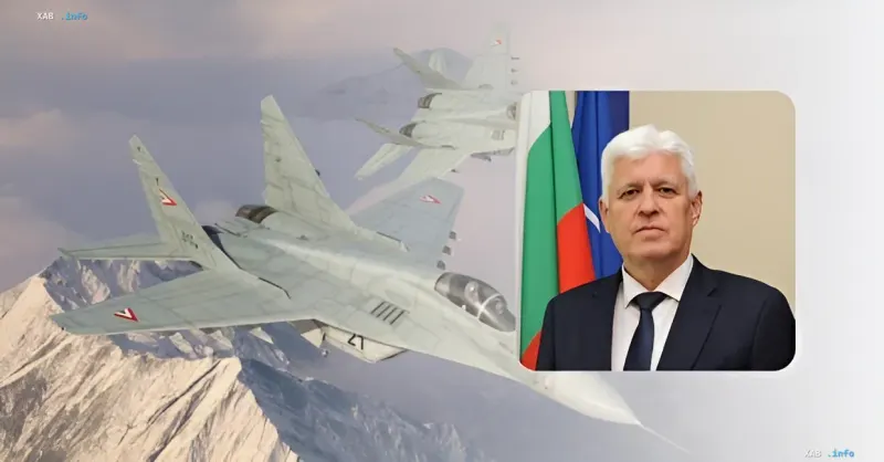 Bulgarische MiG-29-Jäger im Flug über Bergen, daneben Porträt eines bulgarischen Politikers mit Nationalflagge, das den Skandal um den Ersatzteilkauf für sowjetische Flugzeuge illustriert