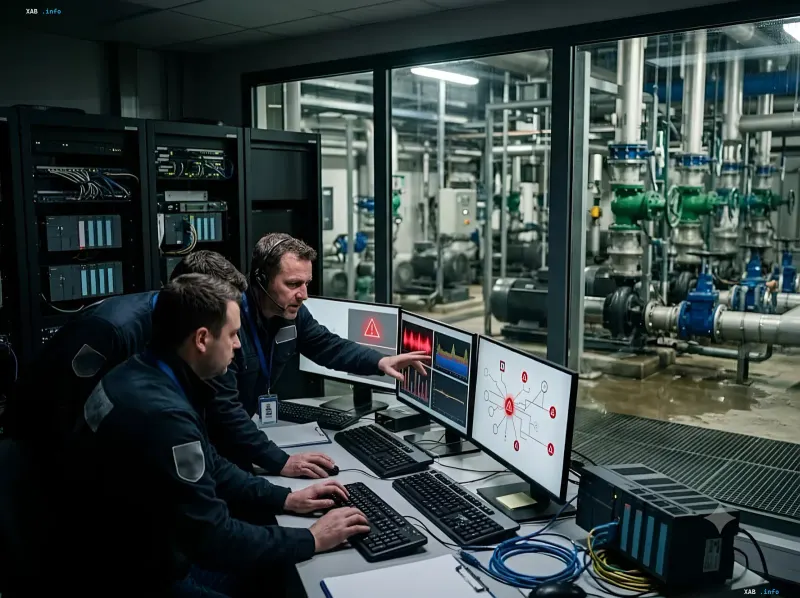 Операторы в диспетчерской водоканала анализируют данные на мониторах с предупреждениями о кибератаках, в то время как на заднем плане видны промышленные насосы и трубы.
