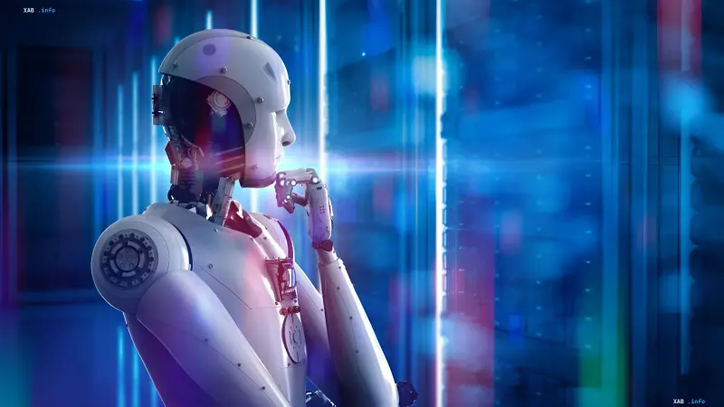 Android-Roboter in tiefem Nachdenken vor einem Hintergrund digitaler Daten, der die Leistungsfähigkeit von Huaweis openPangu 2.0 Pro-Neuronennetzwerk symbolisiert