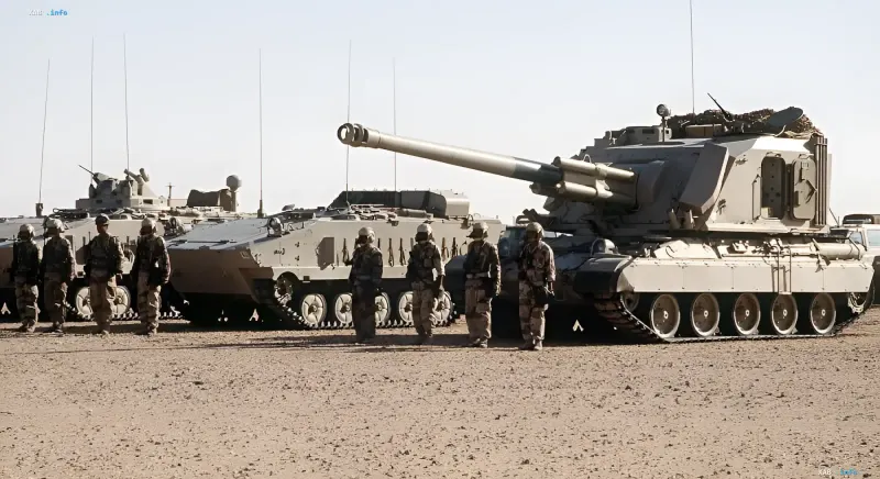 Saudi-Arabische Panzer und Soldaten in der Wüste im Rahmen der Vorbereitung auf eine Bodenoperation im Jemen