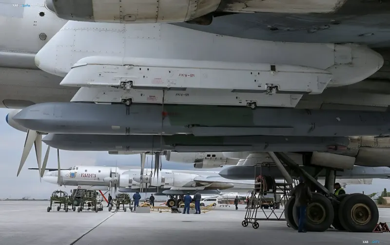 Russian Tu-95MS strategic bomber with Kh-101 cruise missiles on the airfield, illustrating the enhancement of Russia's missile potential and the change in tactics for attacks on Kyiv.
