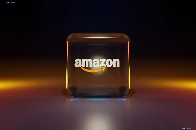 Amazon logo on a glowing glass cube, symbolizing the company's $3 trillion market cap milestone driven by the AI boom