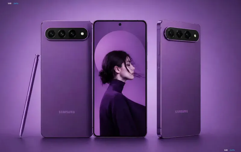 Konzept-Rendering des Samsung Galaxy S27 Ultra in Lila mit S Pen, das Design und Kamera basierend auf Leaks über Spezifikationen zeigt