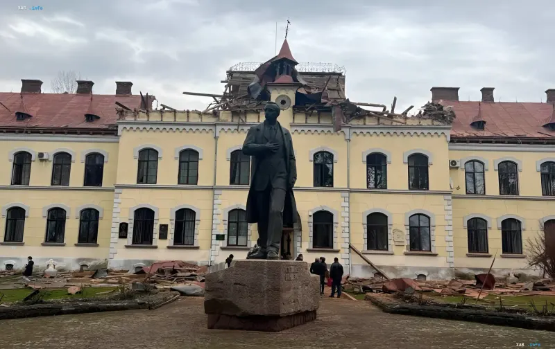 Beschädigtes Gebäude mit einem Denkmal für Stepan Bandera vor dem Hintergrund eines zerstörten Daches