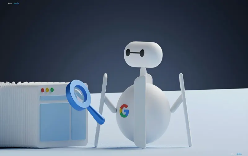 ИИ-бот с логотипом Google исследует веб-страницу с помощью увеличительного стекла, символизируя уязвимость в ИИ-ботах