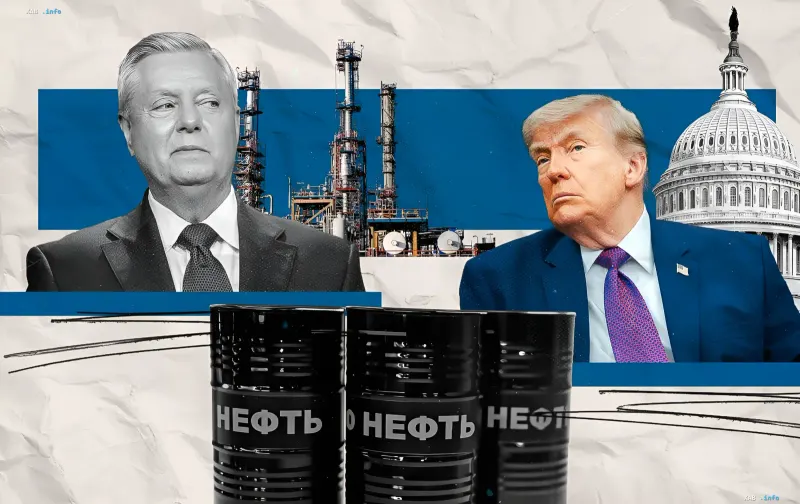 Коллаж с Линдси Грэмом и Дональдом Трампом на фоне нефтеперерабатывающего завода и баррелей нефти с надписью 'НЕФТЬ', символизирующий санкции против российской энергетики