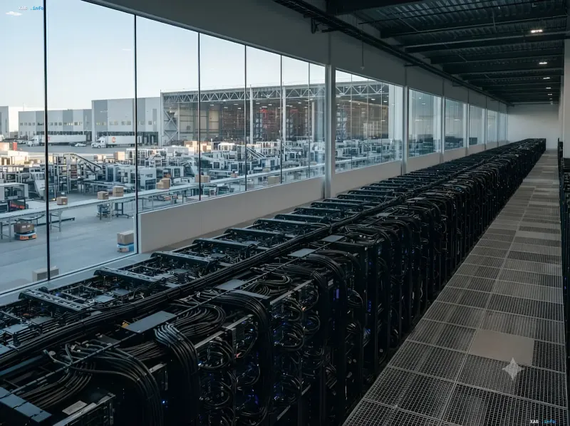 Amazon data center with powerful AI computing systems, symbolizing Jeff Bezos's investments in technology