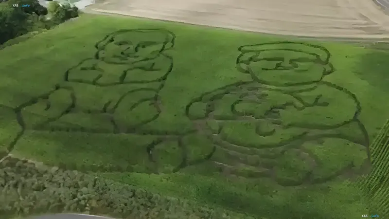 Вид сверху на кукурузное поле в Германии с вырезанными портретами Владимира Путина и Дональда Трампа в виде младенцев в пеленках — политический лабиринт от немецкого фермера