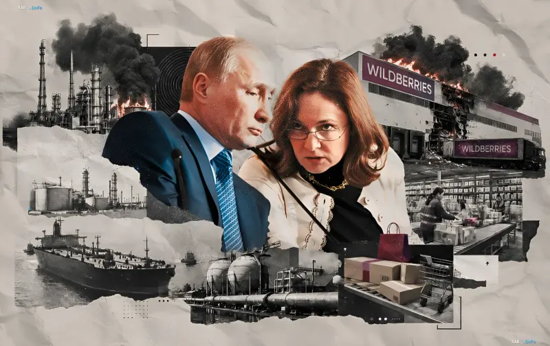 Коллаж с Путиным и Титовой на фоне горящих НПЗ, танкера и склада Wildberries, символизирующий экономический кризис в России