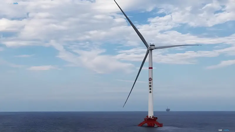CNOOC floating wind turbine in the open sea with an oil rig on the horizon