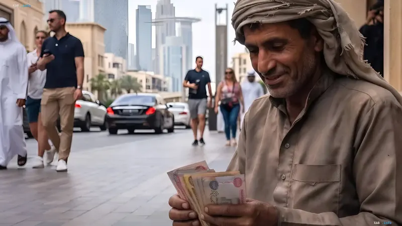 Man in traditional attire counting a stack of dirhams against the backdrop of Dubai street, illustrating professional begging schemes