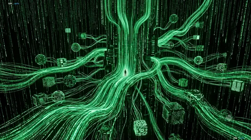 Lone human figure at the center of a massive network of green digital streams and AI nodes, symbolizing human insignificance in future internet traffic