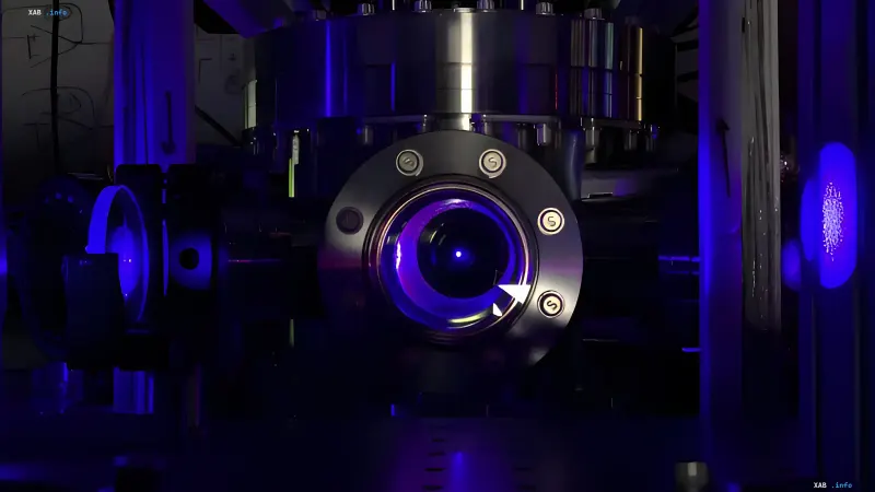 IonQ Evergreen-05 atomic clocks in a lab setting, illuminated by purple light, showcasing advanced quantum synchronization technology
