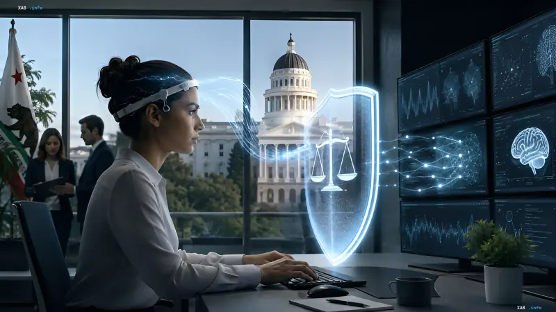 Frau im Büro mit Neurointerface, geschützt durch digitalen Schild mit Gerechtigkeits-Symbol, vor dem Hintergrund des Kalifornischen Kapitolgebäudes – Illustration des Neurorechte-Gesetzes