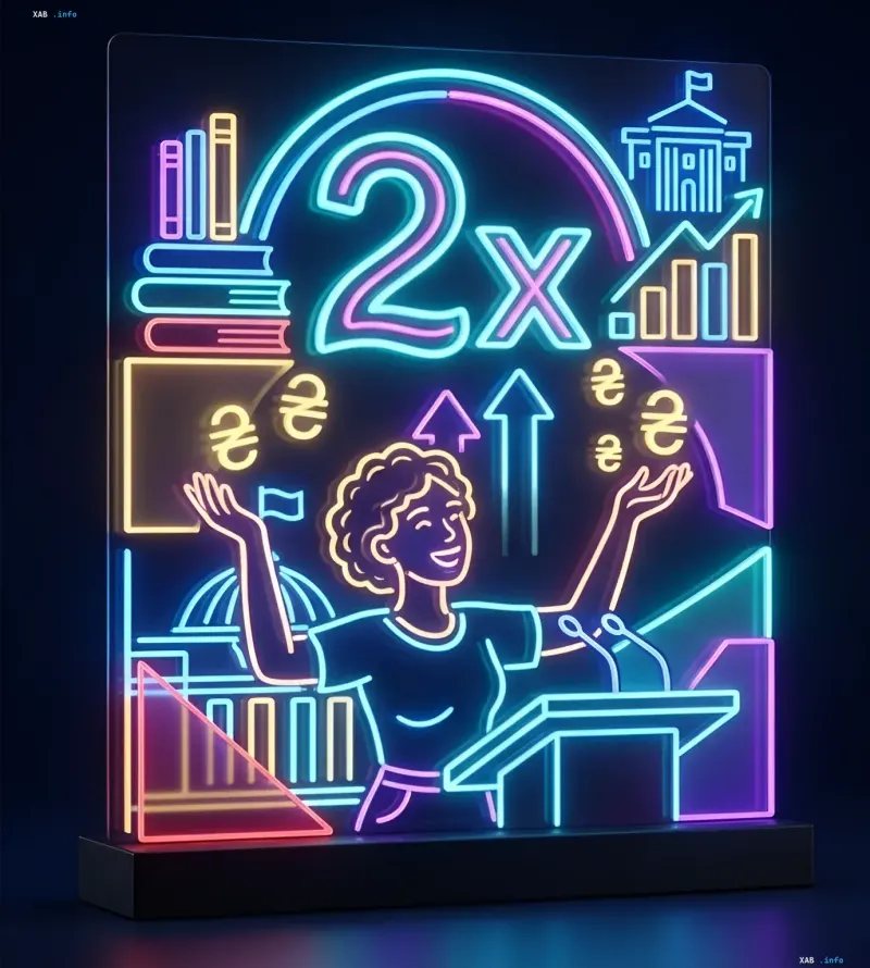 Neon-Illustration mit Aufschrift 2x, Student am Rednerpult, Euro-Symbolen und steigendem Diagramm – Visualisierung der Verdopplung von Stipendien in der Ukraine ab 1. September