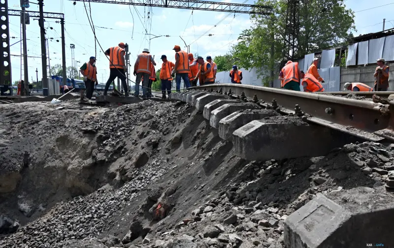 Ukrzaliznytsia workers in orange vests restoring railway tracks, symbolizing investments in people and infrastructure