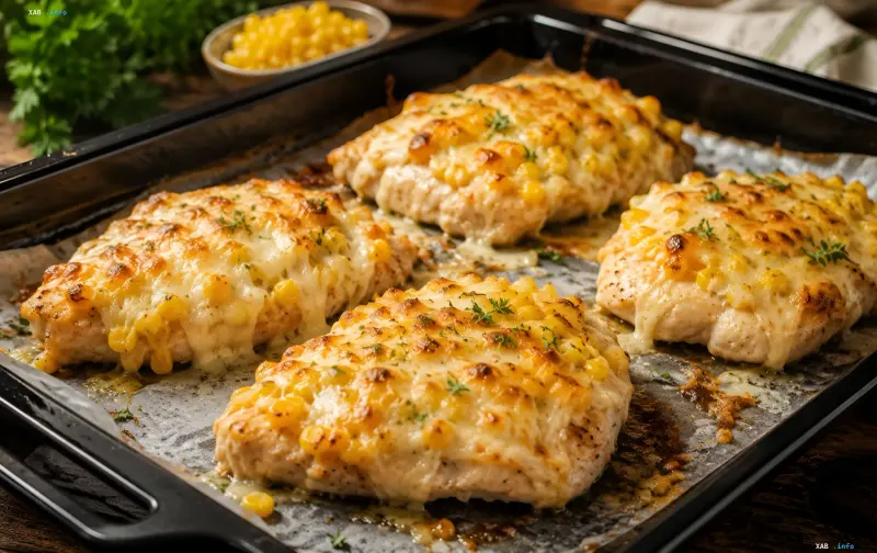 Goldene Hähnchensteaks mit Mais und geschmolzenem Käfer, zubereitet nach Anastasia Tsarlov's Rezept