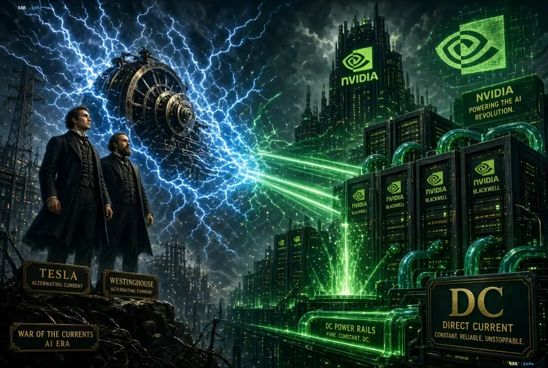 Symbolische Illustration des 'Krieges der Ströme 2.0': Nikola Tesla und George Westinghouse beobachten, wie leistungsstarke Nvidia Blackwell-Server, die mit Gleichstrom (DC) betrieben werden, die alte Ära des Wechselstroms (AC) im KI-Zeitalter dominieren.
