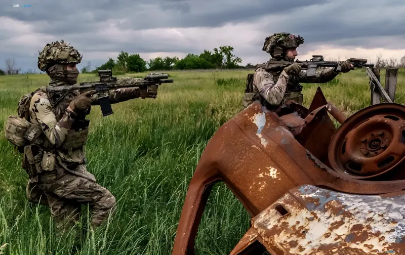 Ukrainische Soldaten in Tarnung mit Waffen vor einem rostigen Auto auf einem Feld, die Optimierung militärischer Operationen veranschaulichend