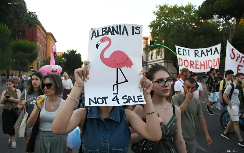Демонстрант тримає плакат із рожевим фламінго та написом 'ALBANIA IS NOT 4 SALE' на фоні масових протестів в Албанії