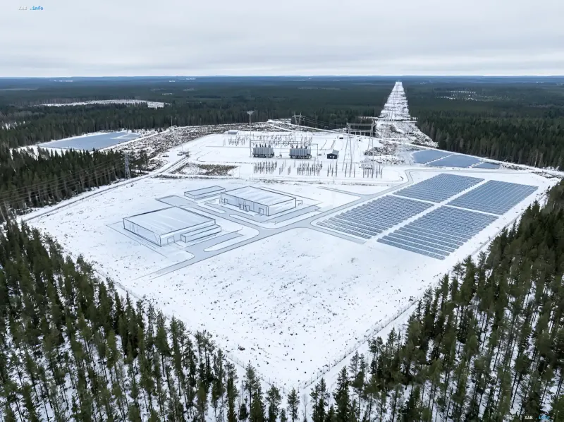 Visualisierung des zukünftigen Helios-Rechenzentrums mit 500 MW Leistung in schneebedecktem Finnland mit Solarpanelen und Infrastruktur
