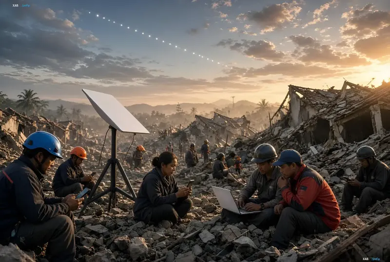 Rettungskräfte und Erdbebenopfer in Indonesien nutzen Laptops und Smartphones neben einer Starlink-Antenne vor zerstörten Gebäuden