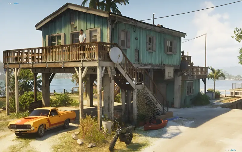 GTA VI screenshot: stilt house in Leonida state with yellow classic car and character on balcony
