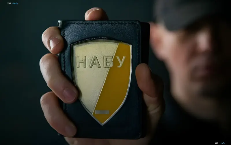 Співробітник НАБУ демонструє службове посвідчення з емблемою НАБУ під час операції «Форест Гамп» щодо розкриття схеми легалізації 150 млн гривень для застави за справою «Мідас»