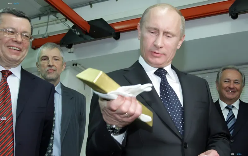 Vladimir Putin examines a gold bar, symbolizing Russia's reserves and economic stability amid rising oil prices