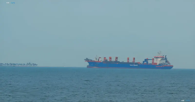 Cargo ship Van Oord in UAE waters, symbolizing the halt of trade with Iran after the missile incident