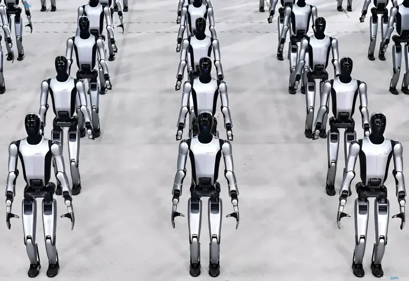 Reihen von Androiden symbolisieren chinesische Roboter, deren Zugang zum US-Markt eingeschränkt ist, was laut IDC zu einem Technologietransfer nach Europa führt