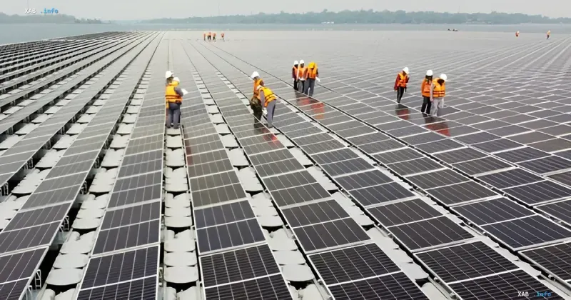 Arbeiterschutzwesten tragende Arbeiter warten Reihen von Solarmodulen auf einer großen Dachkraftwerk in Südostasien während der Energiekrise