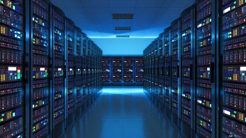 Rows of server racks in a data center with blinking indicators amid rising DDR5 memory prices and AI-driven shortage