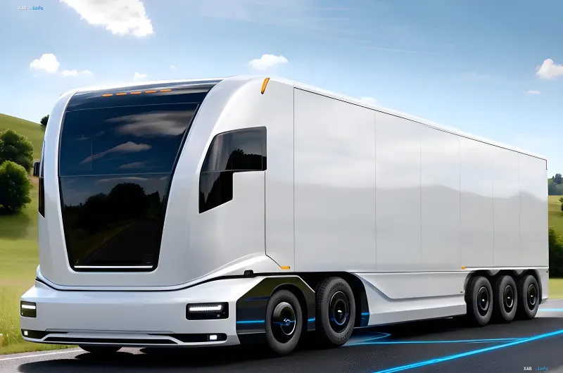 Autonomer Elektro-Lkw Voltempo ohne Kabine: futuristischer weißer 15,6-Meter-Zug mit Panoramaglas und blauen Lichtakzenten auf der Autobahn