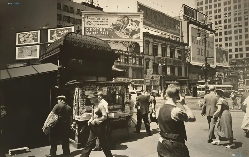 Vintage 1930s Times Square photograph with people in retro clothing and billboards — an era backdrop for debates on visual anomalies and time travel