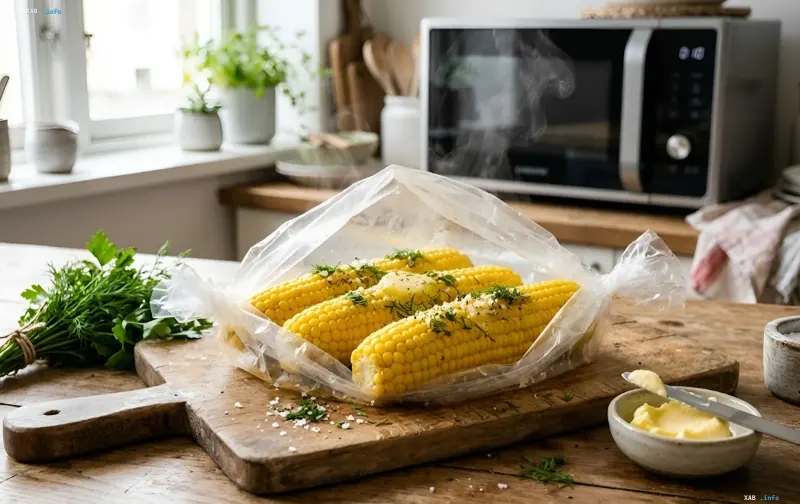Свежие початки кукурузы с маслом и зеленью в пакете на деревянной доске, рецепт приготовления в микроволновке за 10 минут от шефа Хименеса-Браво