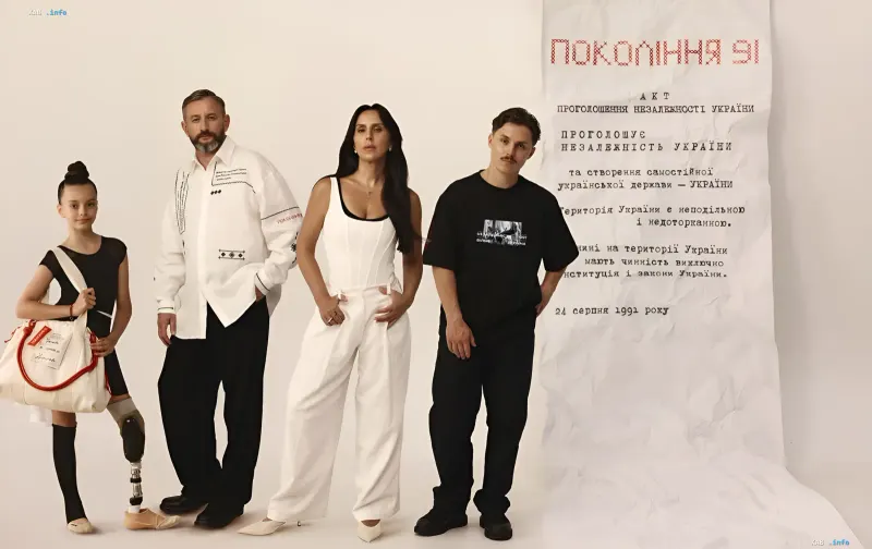 Благотворительный мерч ПУМБ «Поколение 91»: модель в белой рубашке с вышивкой и в чёрной футболке на фоне Акта независимости Украины к 35-летию Независимости