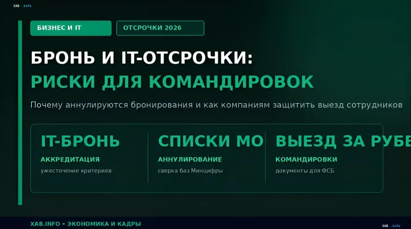 Инфографика о рисках IT-брони и отсрочек в 2026 году: аккредитация, аннулирование списков МО и выезд сотрудников за рубеж в командировки