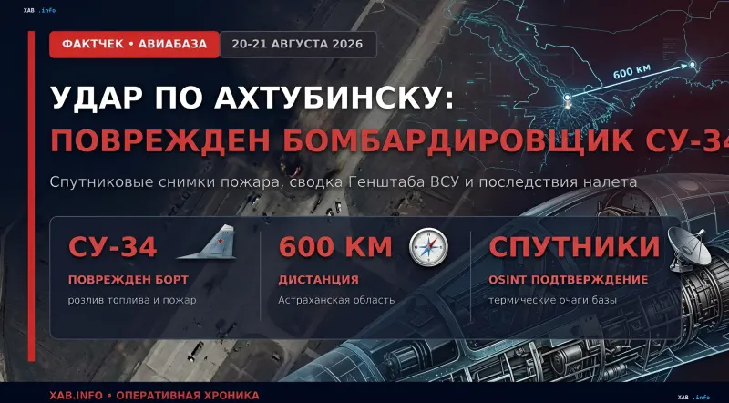 Спутниковые снимки аэродрома Ахтубинск с термическими очагами, схема удара на 600 км и поврежденный бомбардировщик Су-34