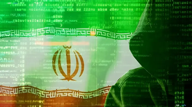 Symbolisches Bild eines Cyberangriffs: Iran-Flagge vor einem Hintergrund aus Daten und Code