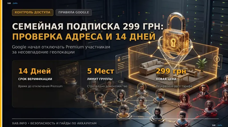 Family YouTube Premium subscription at 299 UAH: infographic showing address verification, 14-day window and 5-seat household limit