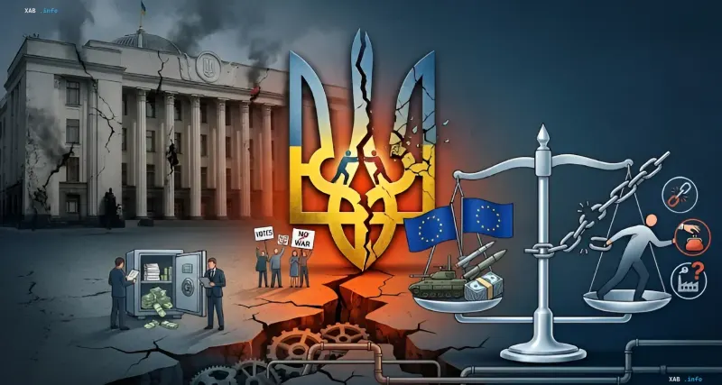 Ілюстрація: тріскаючий український герб, зруйнована будівля, терези з прапорами ЄС та військовою технікою проти фігури з іконками корупції — політичний розкол і сумніви у підтримці України Європою