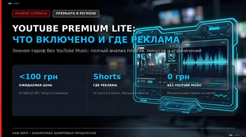 YouTube Premium Lite infographic: expected price under 100 UAH, no YouTube Music, and ads in Shorts