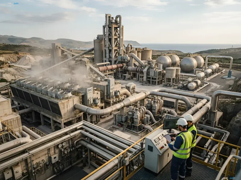 Цементный завод с установками улавливания CO2 (CCS/DAC), инженеры контролируют систему захвата углерода — путь к снижению выбросов отрасли на 78% к 2050 году