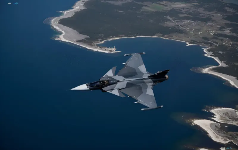 Swedish Saab JAS 39 Gripen fighter jet flying over the coastline — ready to defend Ukrainian airspace