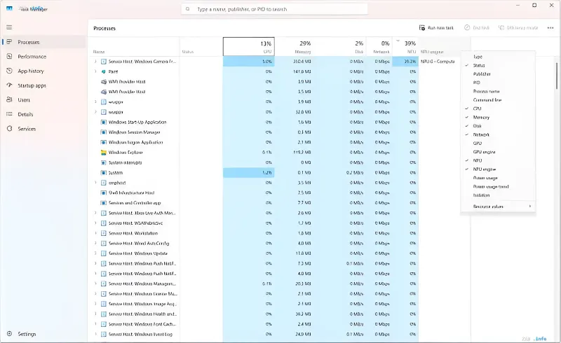 Диспетчер задач Windows с новой колонкой NPU для мониторинга нагрузки на нейрочип и ИИ-процессы
