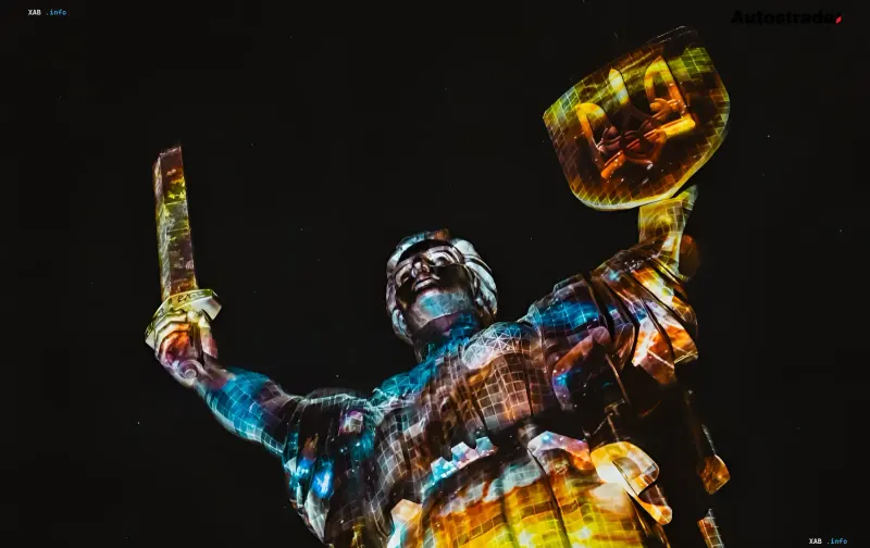 Motherland statue in Kyiv illuminated by light projections of the «The Future Remembers» installation for Ukraine's 35th Independence Anniversary