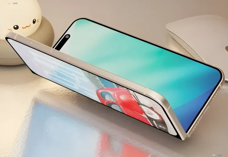 Konzept des faltbaren iPhone Ultra: Render eines halbgeklappten Smartphones mit zwei Displays und Premium-Gehäuse