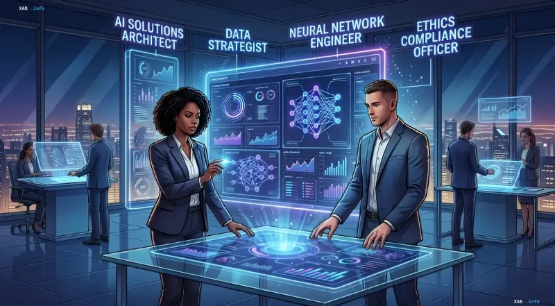 KI-Fachkräfte 2026: KI-Lösungsarchitekt, Datenstratege, Neuronale-Netzwerk-Ingenieur und KI-Ethik-Compliance-Officer in einem Unternehmens-Analysezentrum