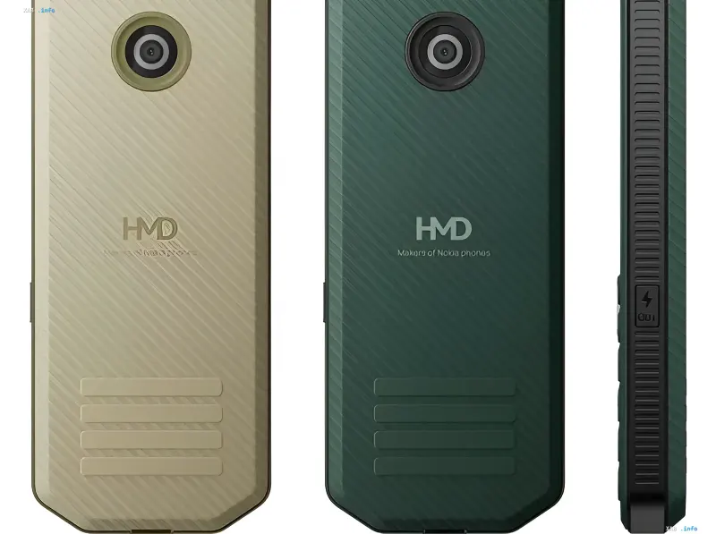 Nokia 300 Charge у золотистому та зеленому кольорі: задня панель з камерою, логотипом HMD та функцією павербанку